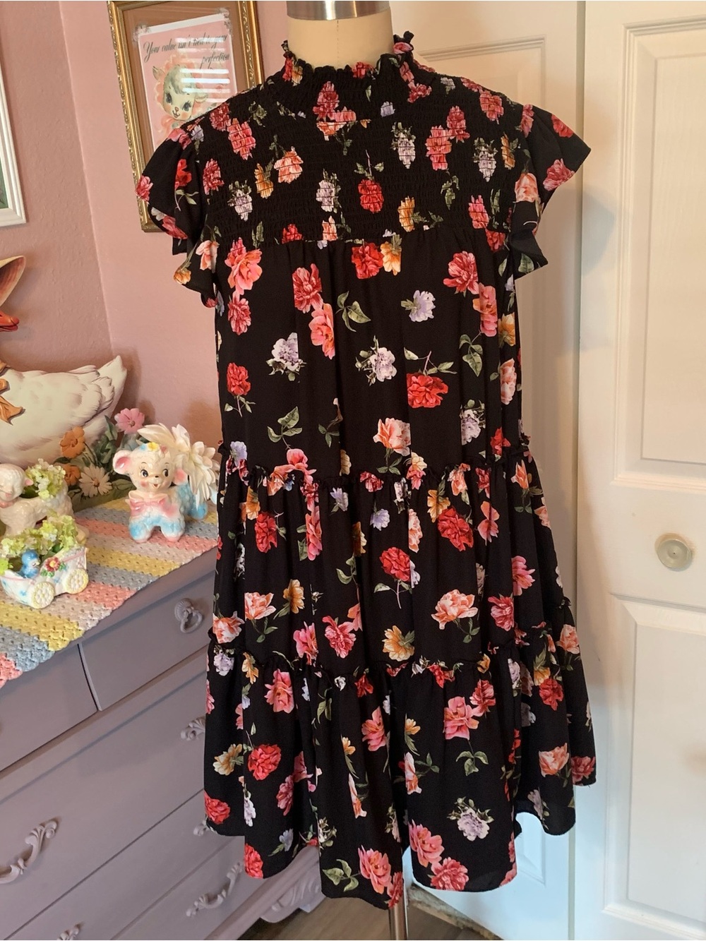 MAISON TARA Black Floral Tiered Dress with Pink & Red Blooms